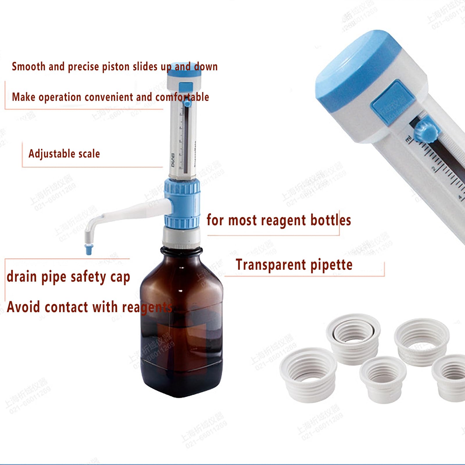Pipeta Automática 0,5-50ml, Dispensador Superior Botella con Diseño Escala Ajustable Y Tapa Seguridad para Tubo Drenaje, Resistente a Temperaturas 40°C Y Viscosidad Máxima 500mm²/s, Sin Goteo
