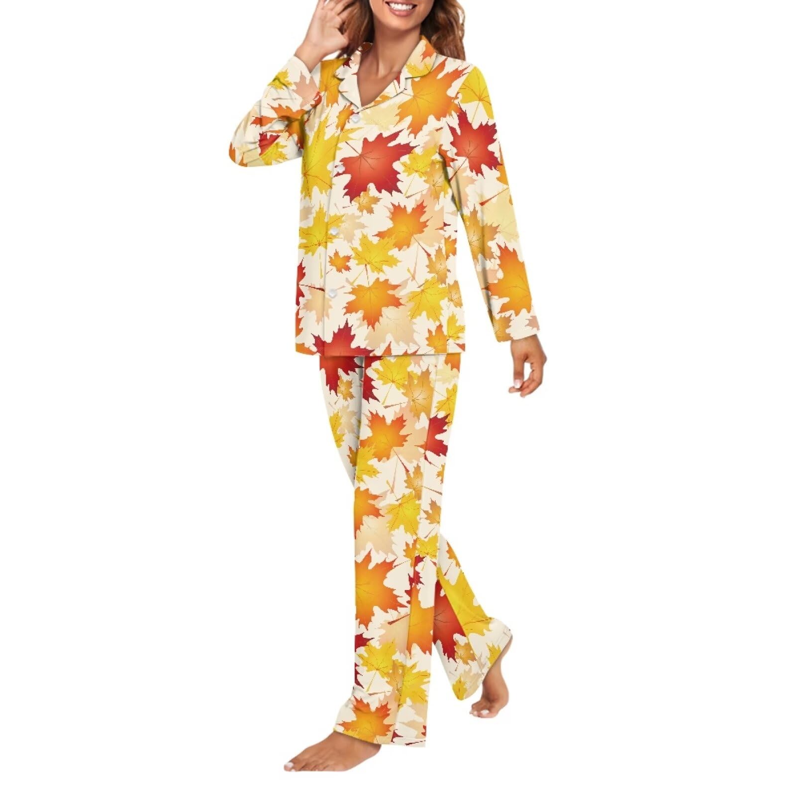 Biyejit Conjunto de pijama para mujer, estilo casual, con botones, cuello en V, bolsillos y bolsillo, tallas XS-4XL, 2 piezas, Hojas de arce otoñales, 3XL