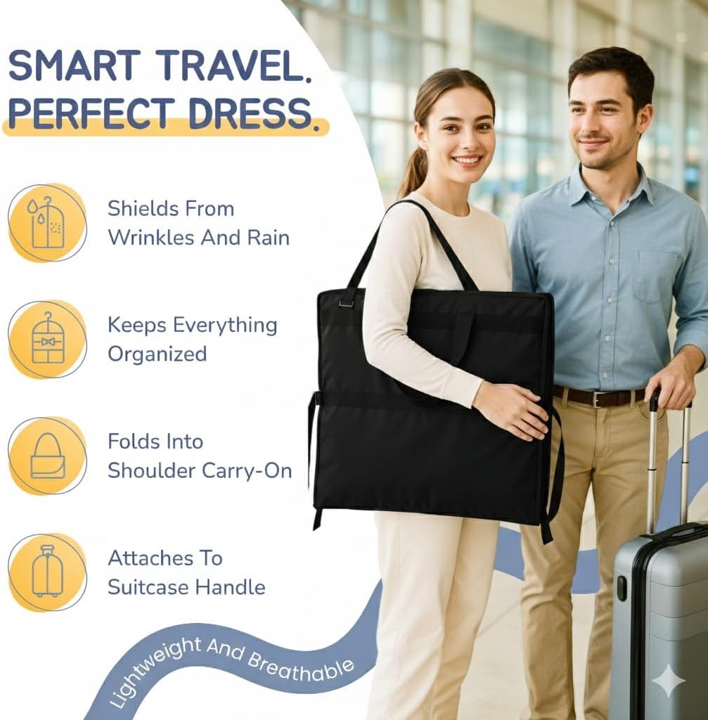 Sturdy Oxford polyester fabric - 72" Wedding Dress Garment Bag - Shoulder Strap - Accessory Pockets - Attaches to Suitcase – Waterproof – Trifold – Designed for Full Skirts – Carry Handle (Black)