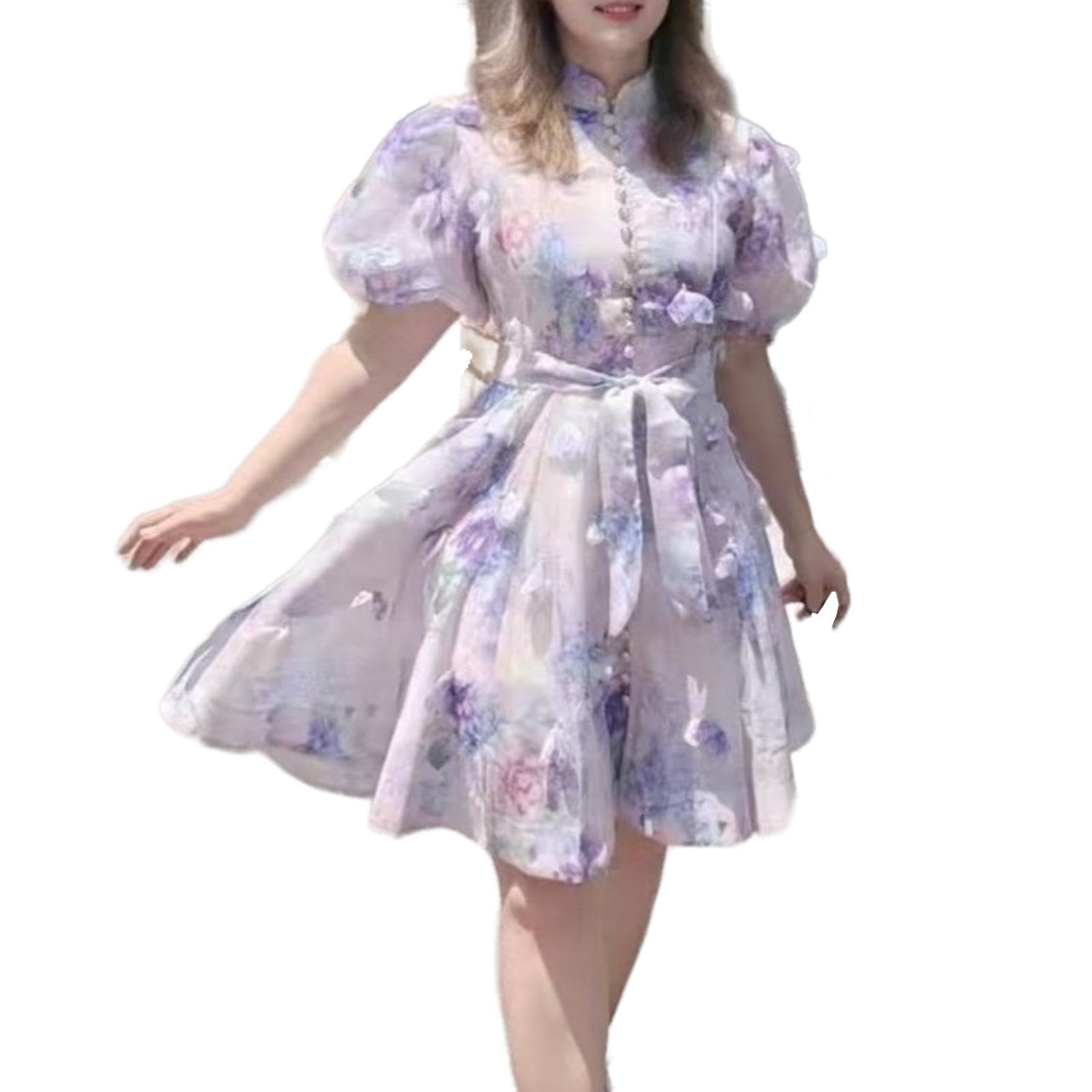 Damenkleid französisch Blumen Sommer tailliengebunden Stehkragen Urlaub