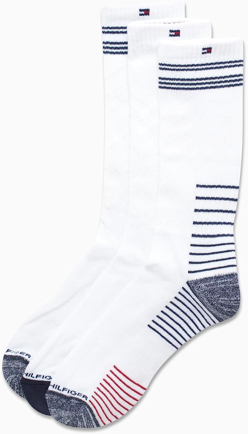 Tommy Hilfiger Mens Crew Socks - 3 Pack Cotton Blend Cushioned Athletic Performance Crew Length Running Socks for Men