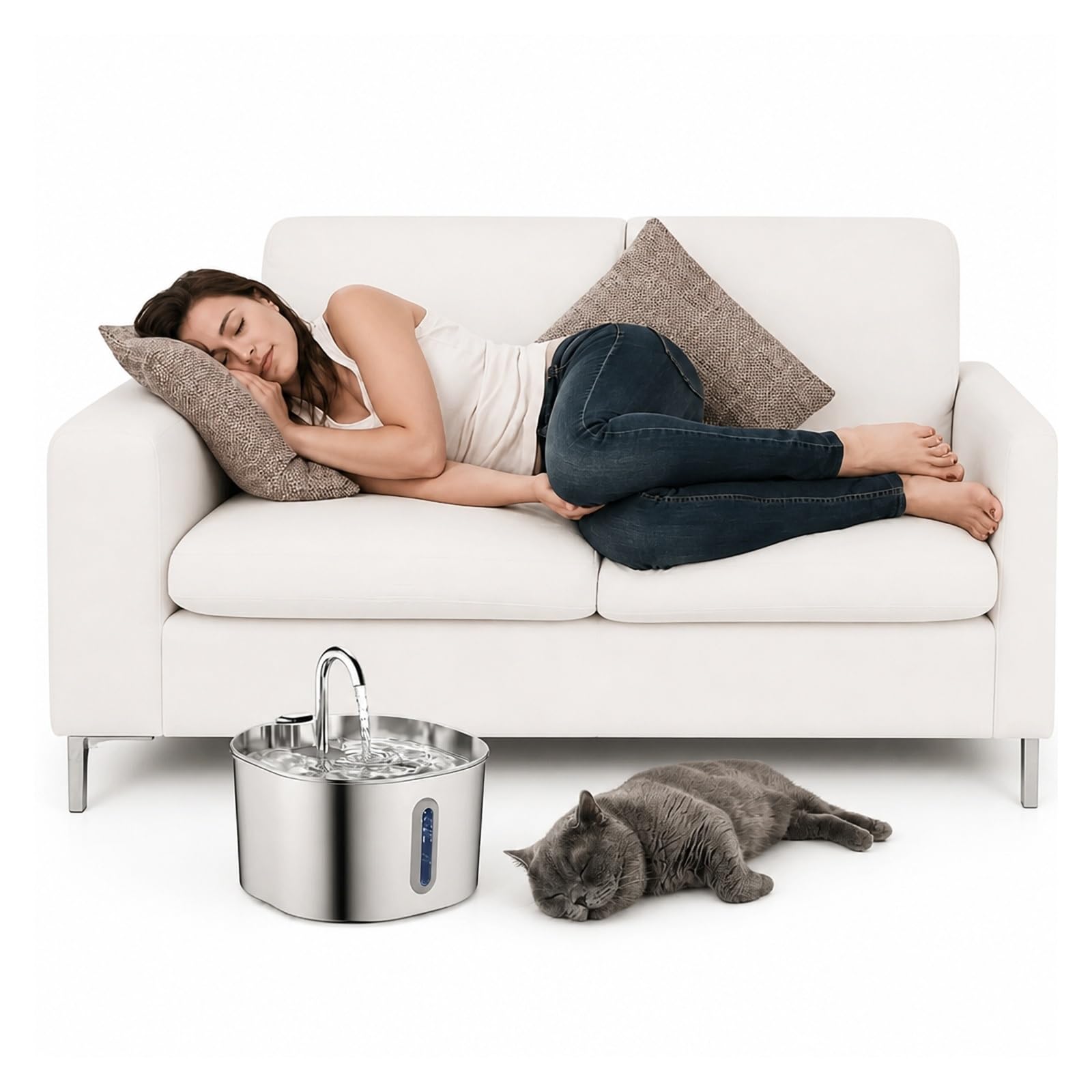 Fuente De Agua para Gatos Acero Inoxidable 2,2 L | Diseño Ventana, Plataforma Elevada Beber Hogares Con Varias Mascotas