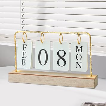 AUSTUFF Flip Wooden Perpetual Calendar Metal Desk Calendar 2025 Daily Desktop Calendar Monthly Weekly Year Planner Standing Office Home Desk Decor