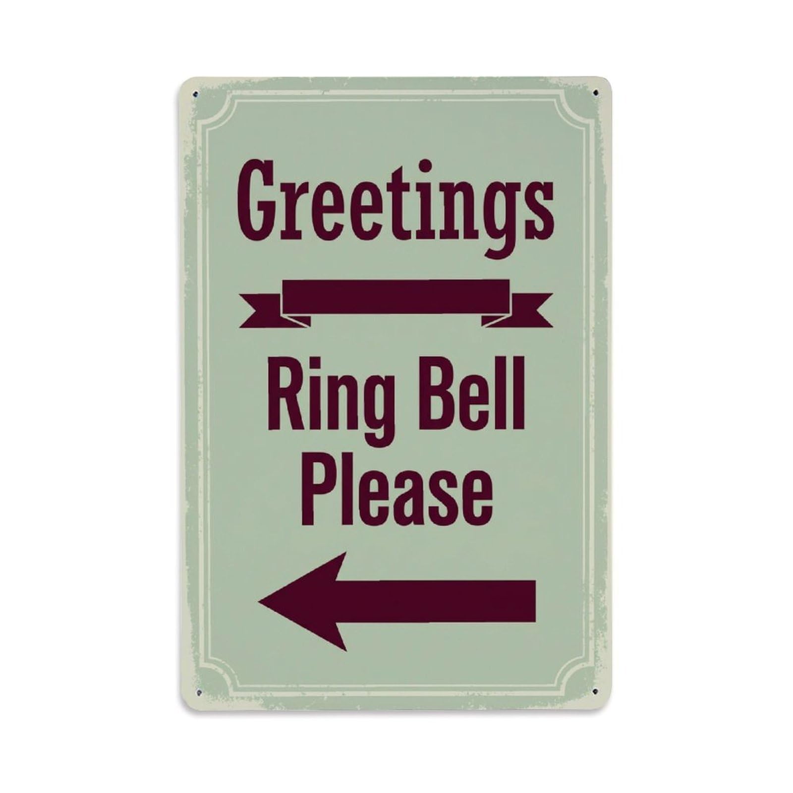 Metal Tin Sign Vintage Greetings Ring Bell Please Arrow Ribbon
