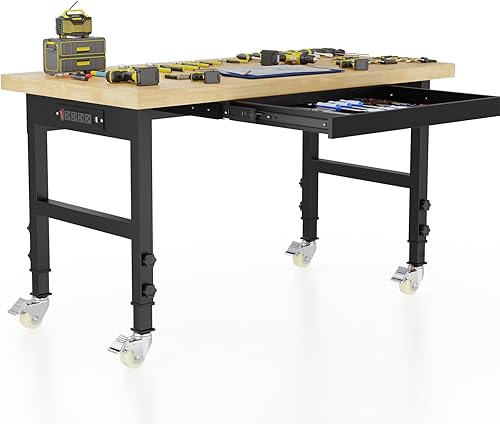 Miniatura 9 de Banco de trabajo ajustable de 48 pies, mesa de trabajo de madera maciza, banco de trabajo rodante, banco de trabajo de garaje de gran capacidad para