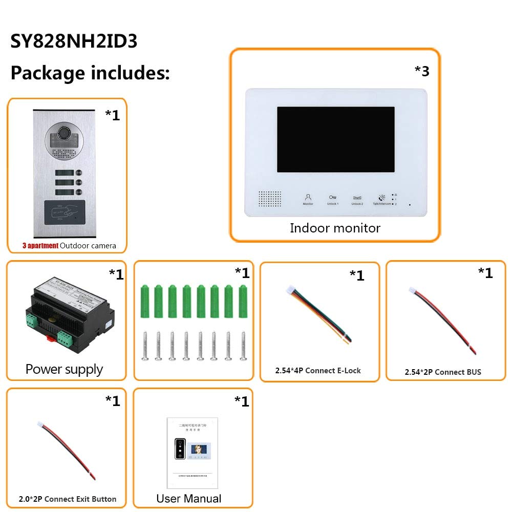 7 Inch Bus 2 Wire Video Door Phone Intercom Systems Kit for Home 3 Units Apartment Night Vision