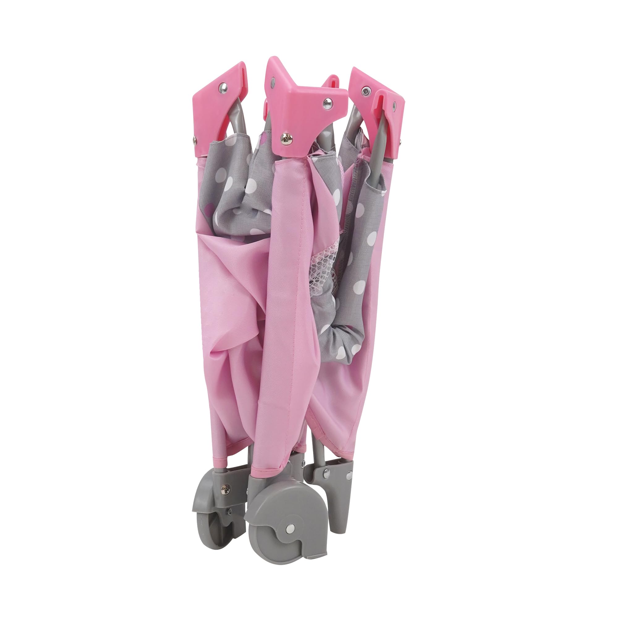 509 Crew: Cotton Candy Pink: Giardino di gioco per bambole - rosa, grigio, a pois - per bambole fino a 45,7 cm, pieghevole, baldacchino retrattile, per bambini dai 3 anni in su