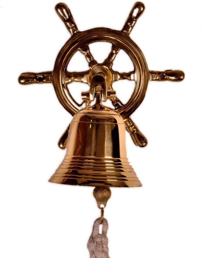 Purpledip Brass Nautical Bell with Captain's Wheel Hook: Unique Pirate Ship Marine Decor Gift (11402)