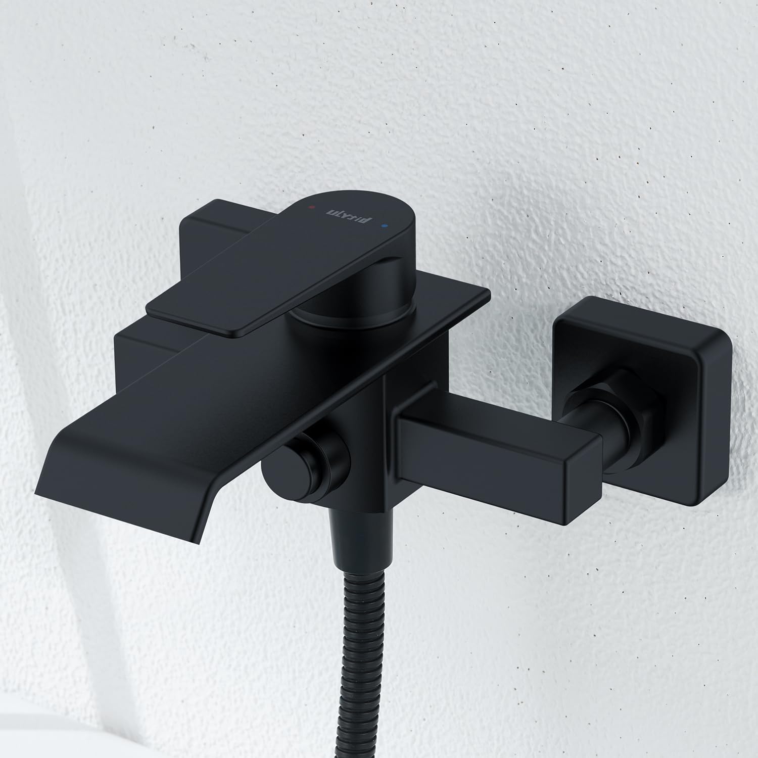 Grifo Bañera Negro en Cascada, Grifo Mural de Latón para Ducha y Baño, Mezclador Monomando para Bañera Universal 1/2" Salida Inferior, Fácil de Instalar