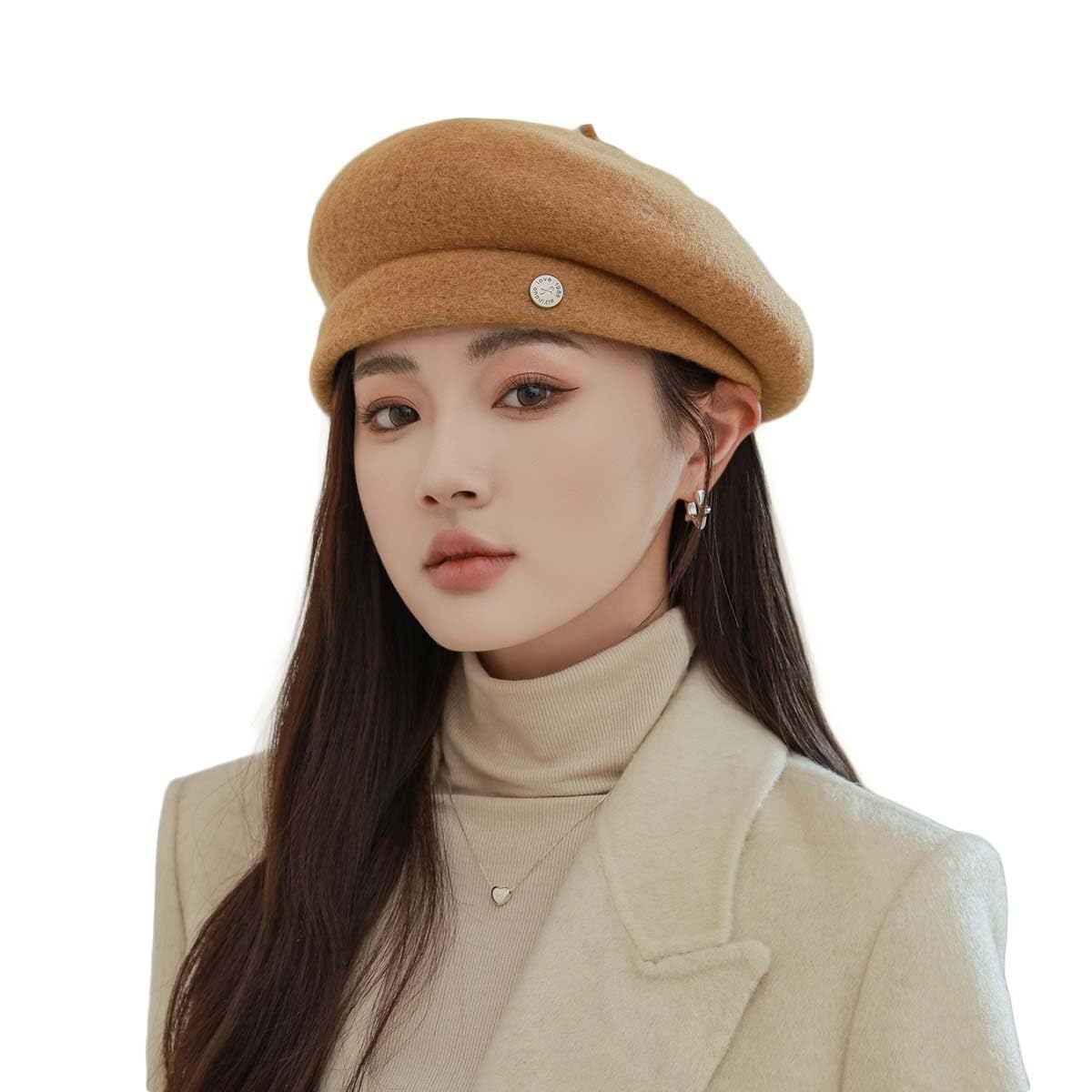 Béret en laine pour femmes camel : chapeau de peintre classique vintage