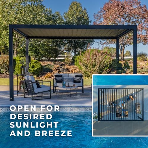 Image of Backyard Discovery Sarasota 16' x 10' Galvanized Steel Louvered Pergola Kit with Adjustable Roof, Shade, Rain Protection, High-Wind Rating, Gutter System for Outdoor Patio, Garden, Deck, Entertaining
