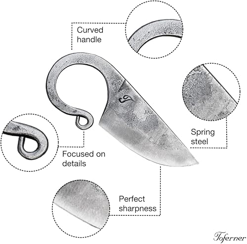 Miniatura 3 de Toferner Cuchillo de bolsillo celta, cuchillo forjado a mano con estuche de cuero negro, hoja endurecida, vintage, colección de arte antiguo, idea