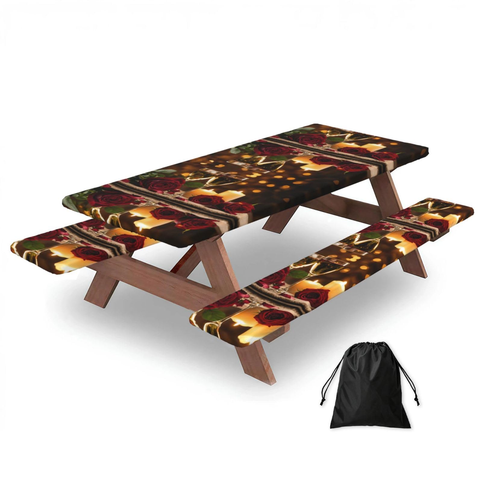 Red Rose And Wine Romantic Lovers Print 3 Pack Wipeable Picnic Bench Cover And Table Cover Lightweight Table Cloth For Camping Outdoor