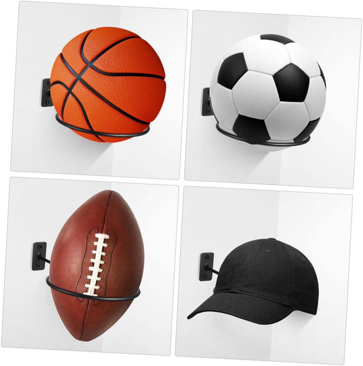 8pcs Ball Display Mounted Sports Holder for Football Basketball Volleyball Rugby Space Saving Design for Home Garage Organization