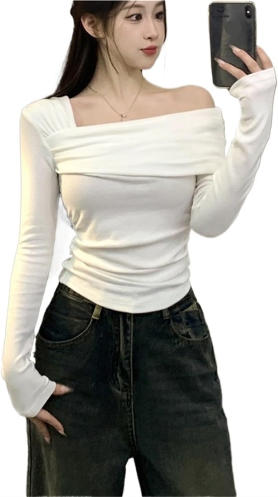 Womens T-Shirts Casual Tops Long Sleeve Bottom Shirt Tops Women Slim Fleece Slant Neck One Shoulder T-Shirt(White,Large)