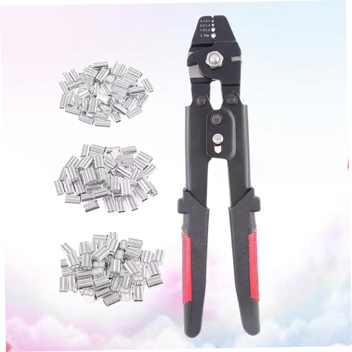 Pinza Crimpatrice per Cavi con Tubo Manicotto in Acciaio al Carbonio, Strumento per Crimpare Funi con 180 Manicotti in Alluminio, Impugnatura Antiscivolo e Blocco di Sicurezza,