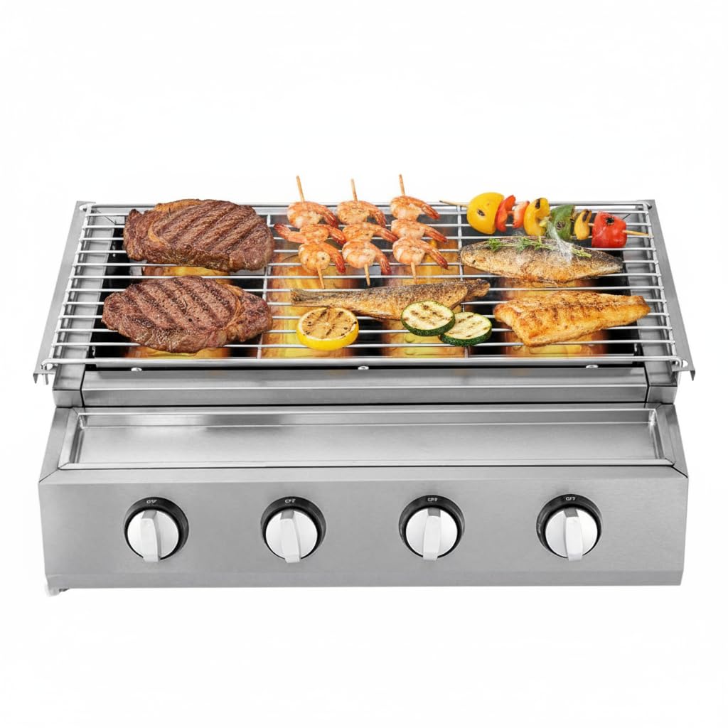 Barbecue a Gas, con Griglia in Acciaio Inossidabile Regolabile, 4 Bruciatori Indipendenti – Ideale per Giardino, Terrazza e Cortile, Ampia Superficie di Cottura 55cm