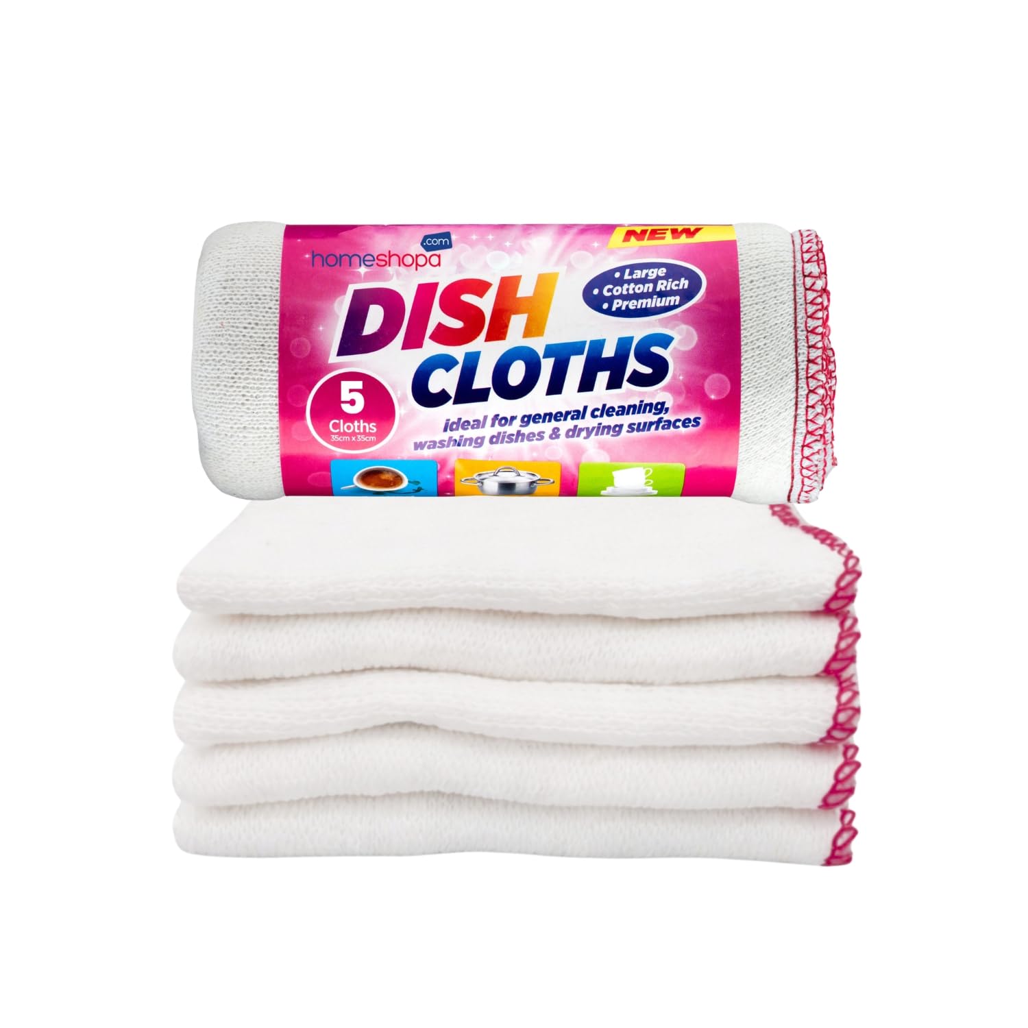 Homeshopa Large Dish Cleaning Cloth, Cotton Super Absorbent White Kitchen Washing Up Dishcloth, Extra Soft & Thick Reusable Tea Towels Washcloths, 35 X 35cm, Pack of 5