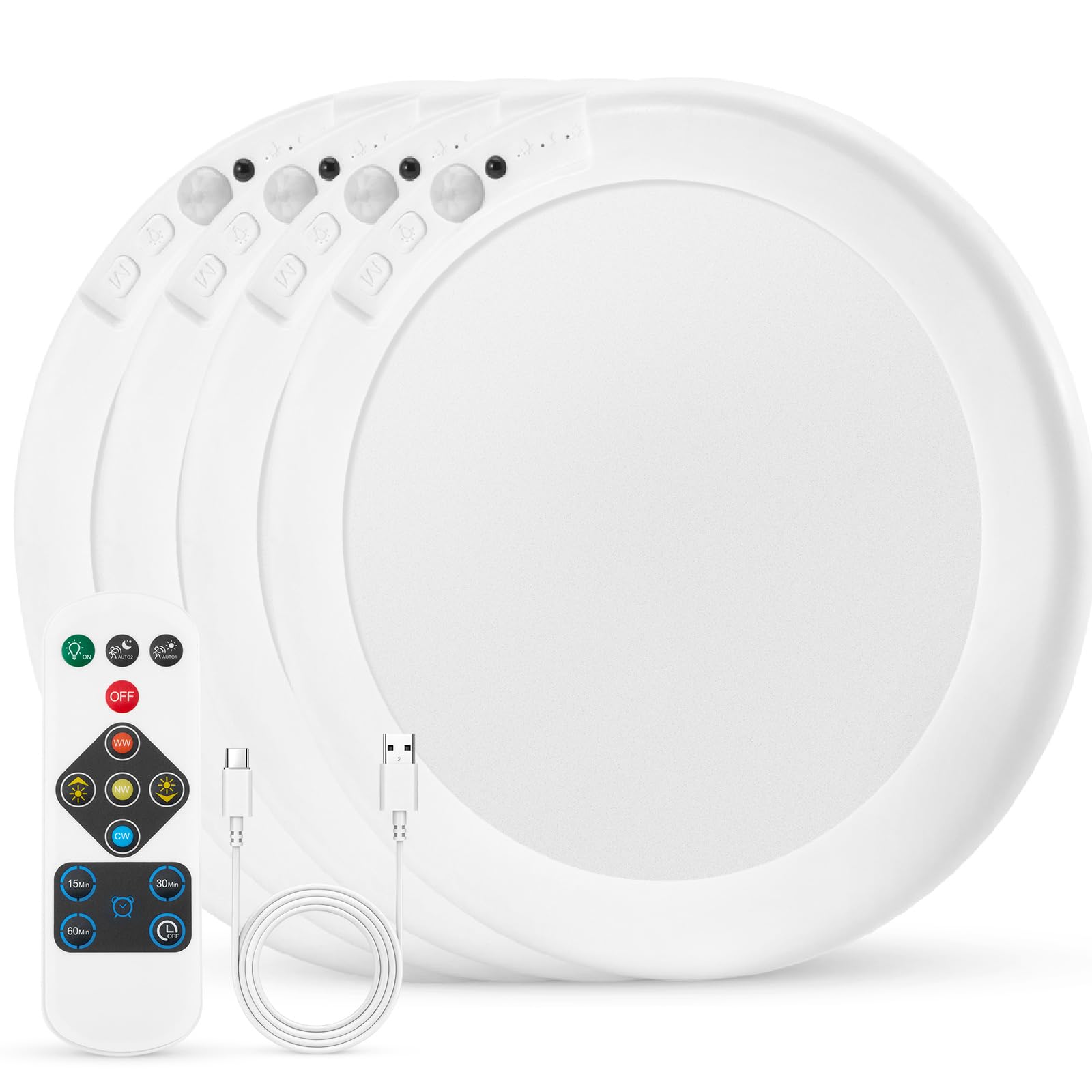 Accu-plafondlamp, oplaadbaar met bewegingsmelder, ledlamp, batterij, plafondlamp, binnen, zonder stroomaansluiting, USB, draadloos licht met afstandsbediening, 3 kleurtemperaturen, voor badkamer