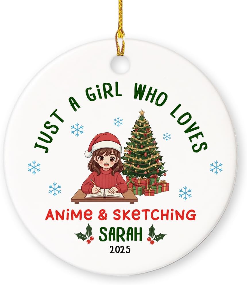 Personalized Just A Girl Who Loves Anime and Sketching Ornament, Gift for Anime Lover Holiday Christmas Decoration Keepsake Round Ceramic Hanging Ornaments