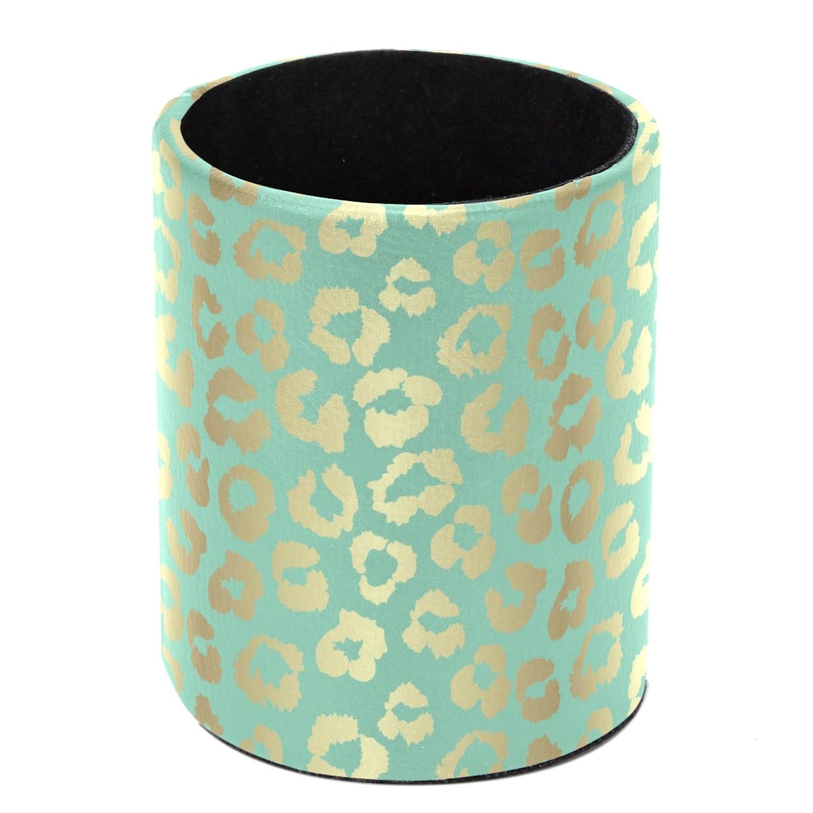 Luoweisi Leopard Pattern Green Pen Holder for Desk, Leather Pen Pot, Desk Pencil Holder Round Makeup Organiser Home Office School Suppliers