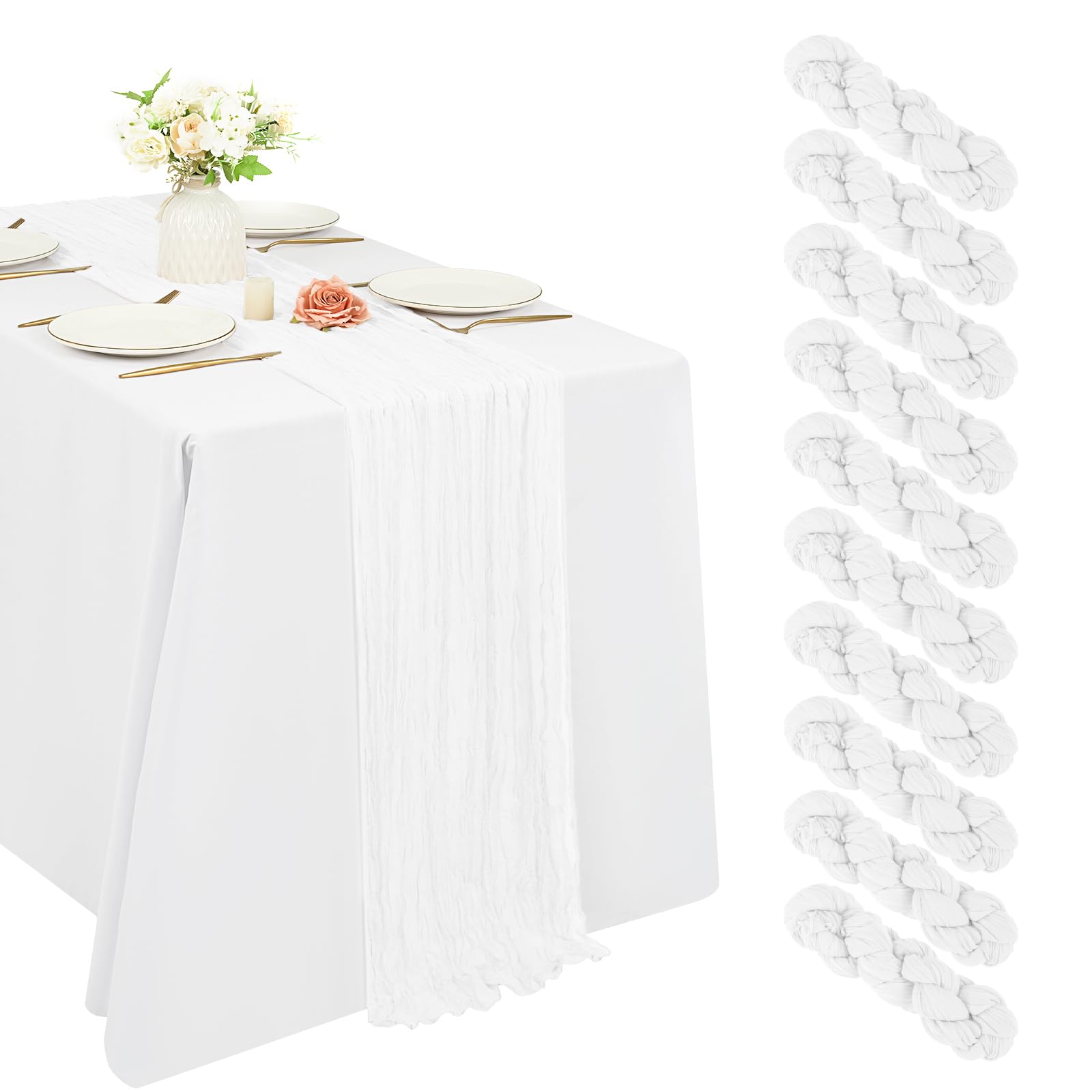 Photo 1 of 10 Pack Cheesecloth Table Runner 20 x 120 inch Long Boho Gauze Table Runners 10FT Semi Sheer Table Runner for Wedding Decor, Baby Shower, Birthday Party, Banquet (White)
