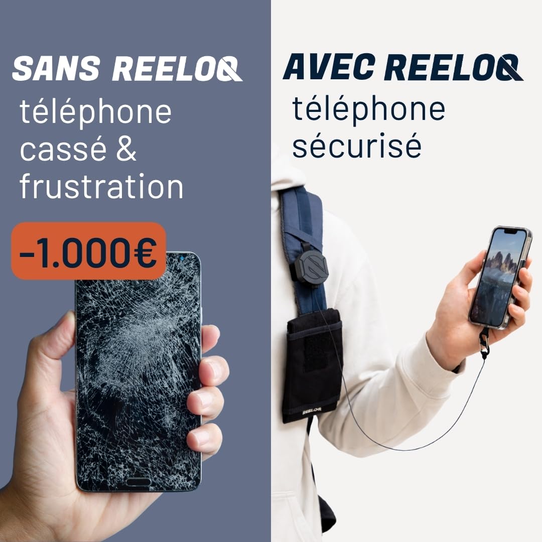 REELOQ Protection Pro pour Smartphone, avec Sac à Dos pour téléphone Portable et câble de sécurité Enroulable pour téléphone Portable, Noir, Version Sangle, Noir, Version Sangle