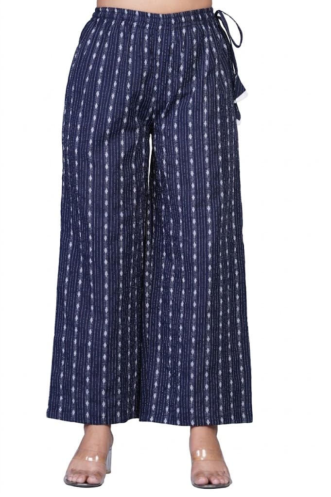 Women Katha Cotton Palazzo Pants | Printed Straight Wide Leg Trousers with Elastic Waist & Pocket | Comfortable Casual Lounge Pants for Women & Girls-picture-46