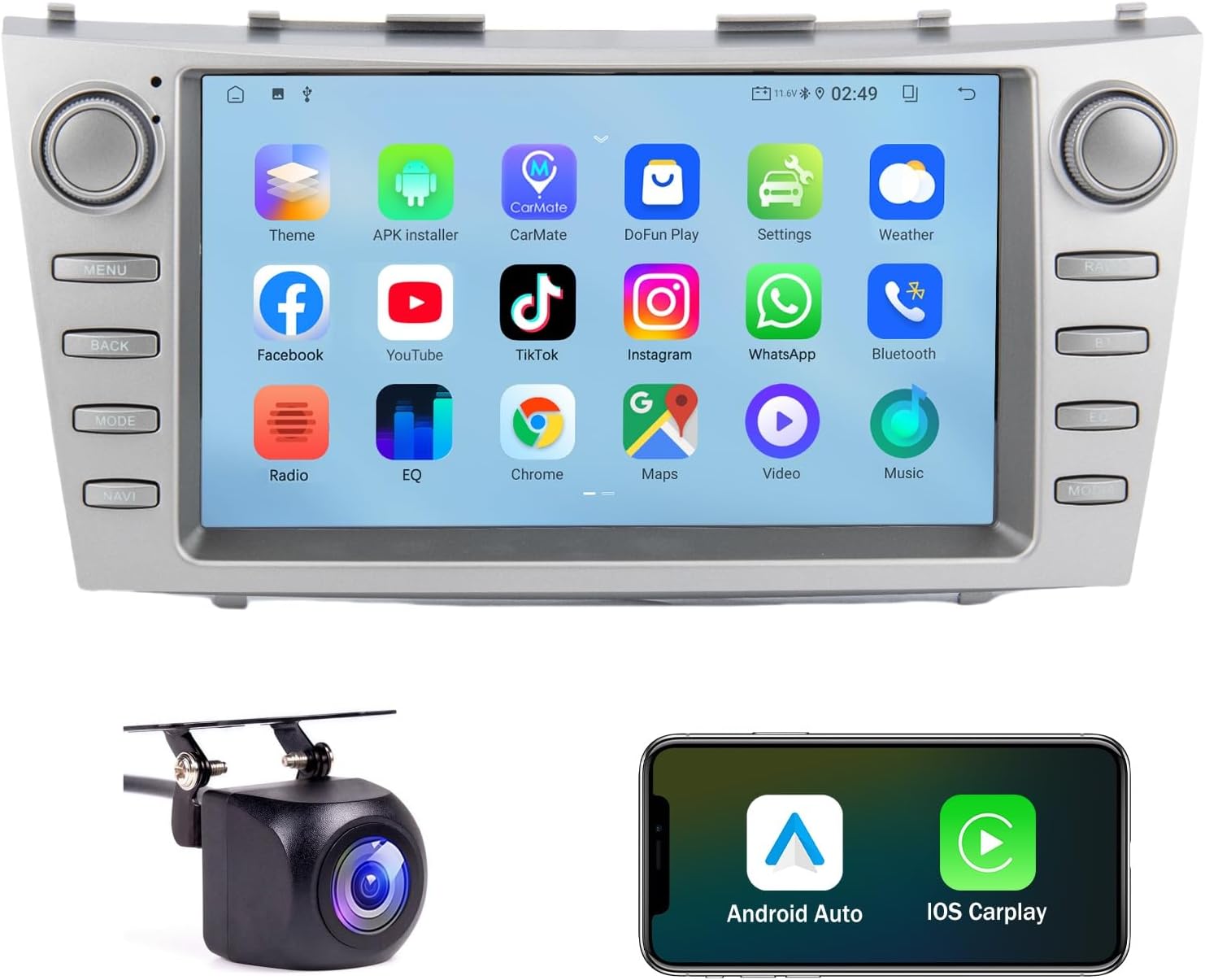 9-inch Android 13 Car Radio Stereo Compatible with 2007-2011 Toyota Camry, 1280x720p IPS Touch Screen Wireless CarPlay & Android Auto, 4-Core 4GB RAM 64GB ROM, GPS, Night Vision Camera