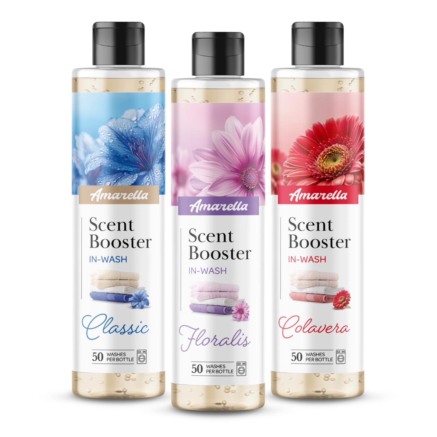 AMARELLA Wäscheparfum Set 3×250 ml – Duft Mix Classic + Floralis + Colavera - Konzentriertes Wäscheduft-Konzentrat für Textilien, 0,75 L (ca. 150 Wäschen)
