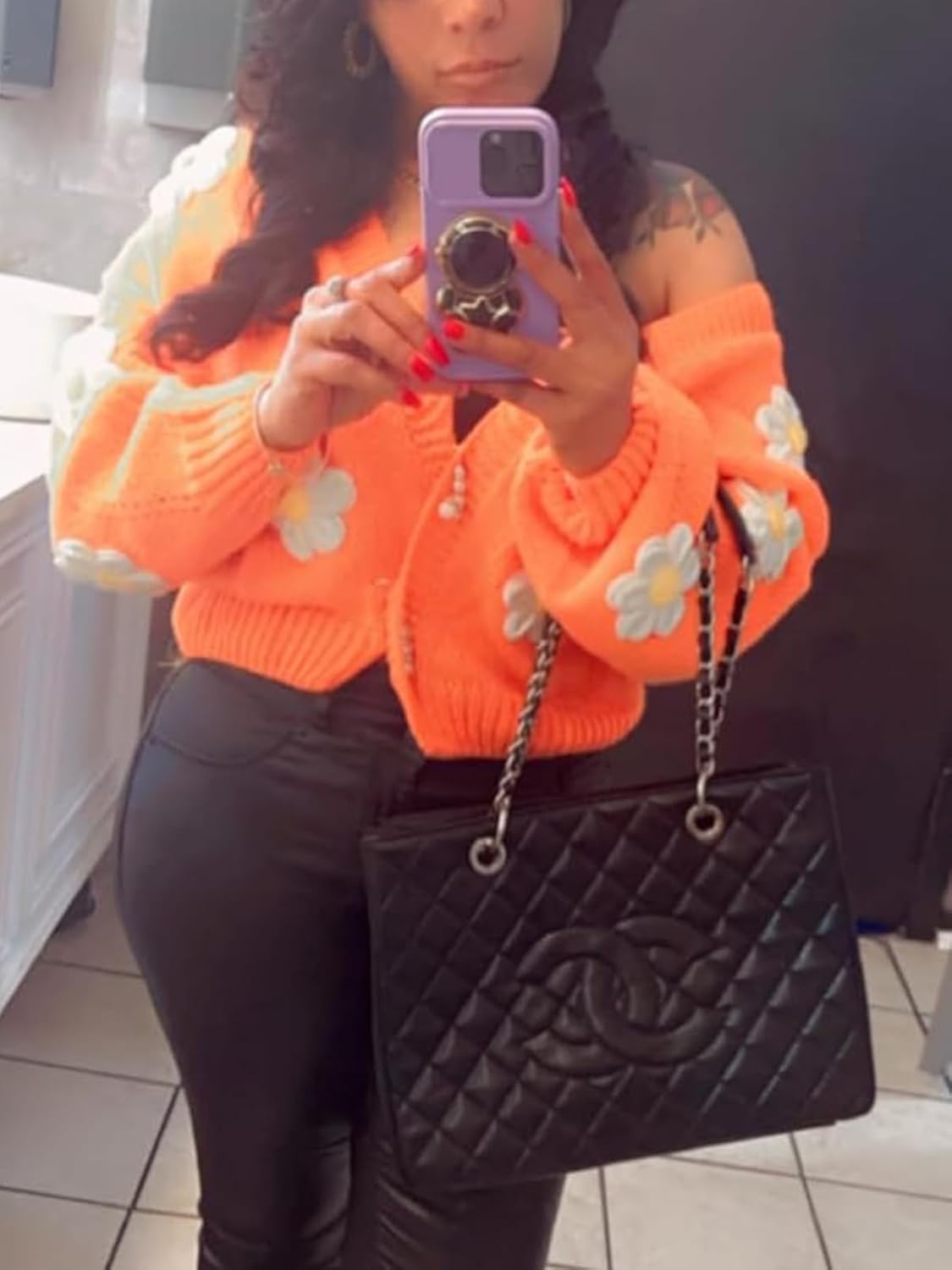 HOULENGS Women's Strawberry Print Button Down Long Sleeve V Neck Crop Cardigan Sweater - Image 2