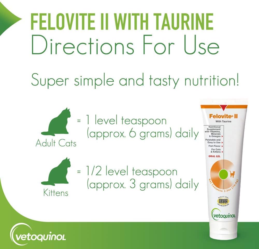 Vetoquinol Felovite II Oral Gel Vitamin & Mineral Cat Supplement with Taurine, 2.5oz : Pet Multivitamins : Pet Supplies