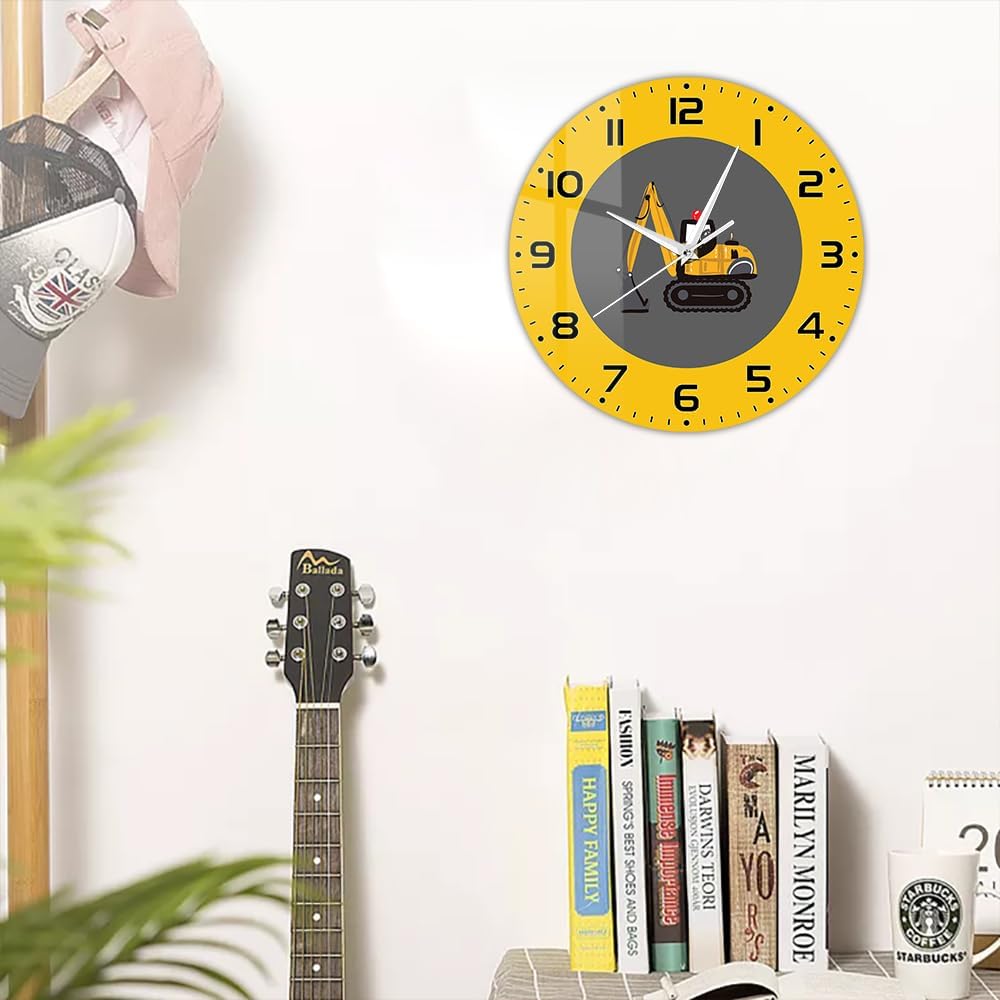 15 Inch Excavator Wall Clock, Building Machines Wall Clock Excavator Truck Loader Construction Equipment and Machinery Clock Silent Non Ticking Quartz Wall Watch Clock for Boys Room Kids Room