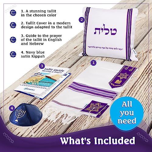 Image of Tallit Prayer Shawl with Matching Bag, Certified Kosher, With Blessing On Neckband & on the Corners Made in Israel