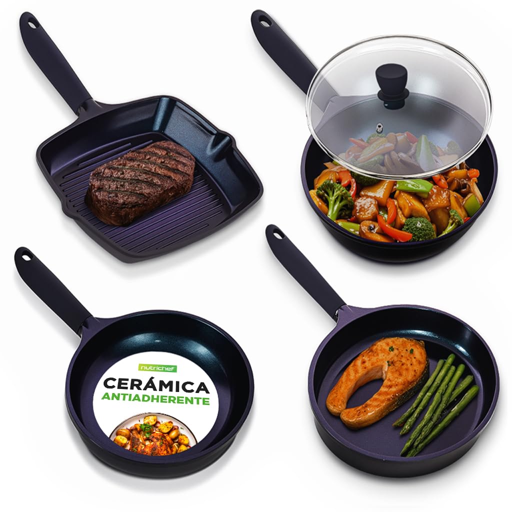 Nutrichef sartenes antiadherentes, Para grill, Freír y Pescado, Wok, 5 piezas, Recubrimiento ceramico, Compatibles con todo tipo de cocinas, Faciles de limpiar