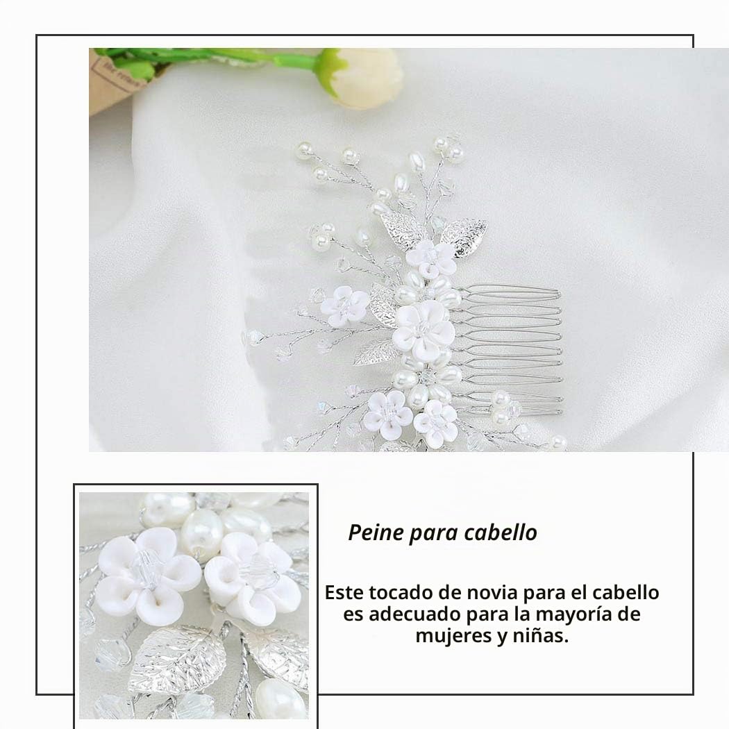 Peines para el pelo de boda con flores, tocado de novia de cristal, accesorios para el cabello para mujeres y niñas (plateado)