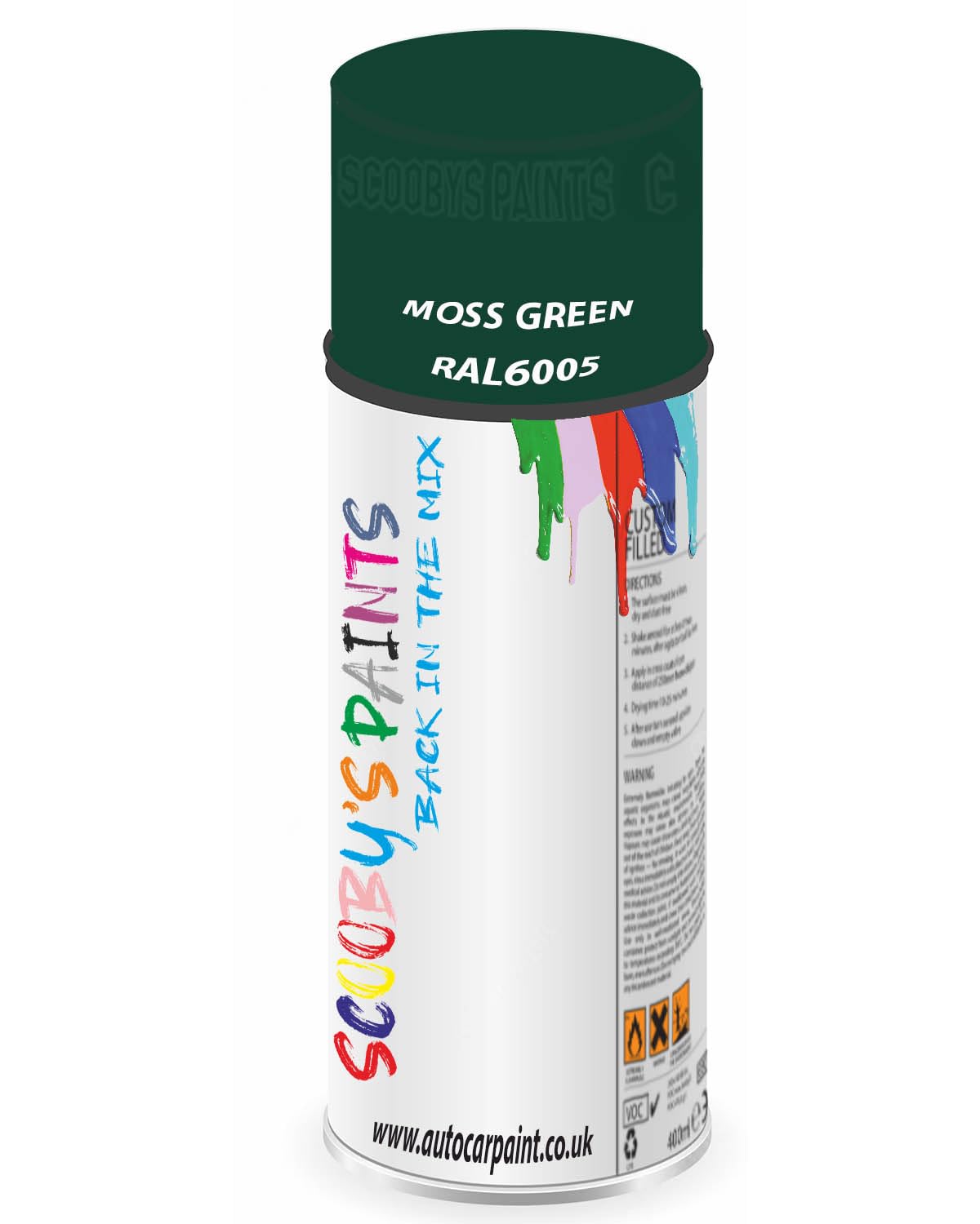 SCOOBYS PAINTS BACK IN THE MIX RAL6005 Moss green 400ML Aerosol Spray Paint RAL Colour Can Gloss Shinny Finish DIY Indoor/Outdoor Wood Plastic Metal Heat Resistant Steel
