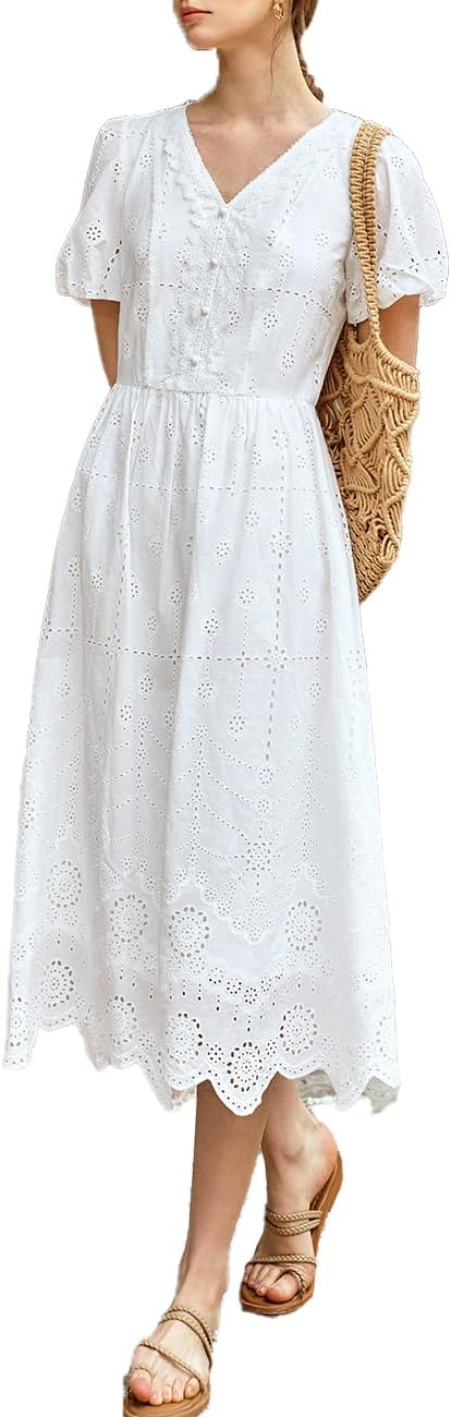 Women's White Bohemian Midi Dress, V-Neck Puff Sleeve Eyelet Lace Summer Casual Cute Baby Doll Long Dress