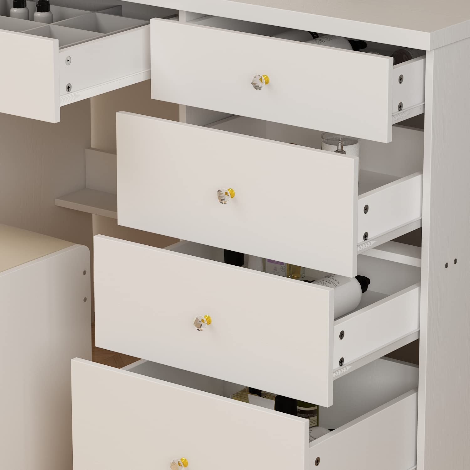 Set toeletta con specchio girevole per donne e ragazze, Scrivania con sgabello imbottito e 5 cassetti Bianco