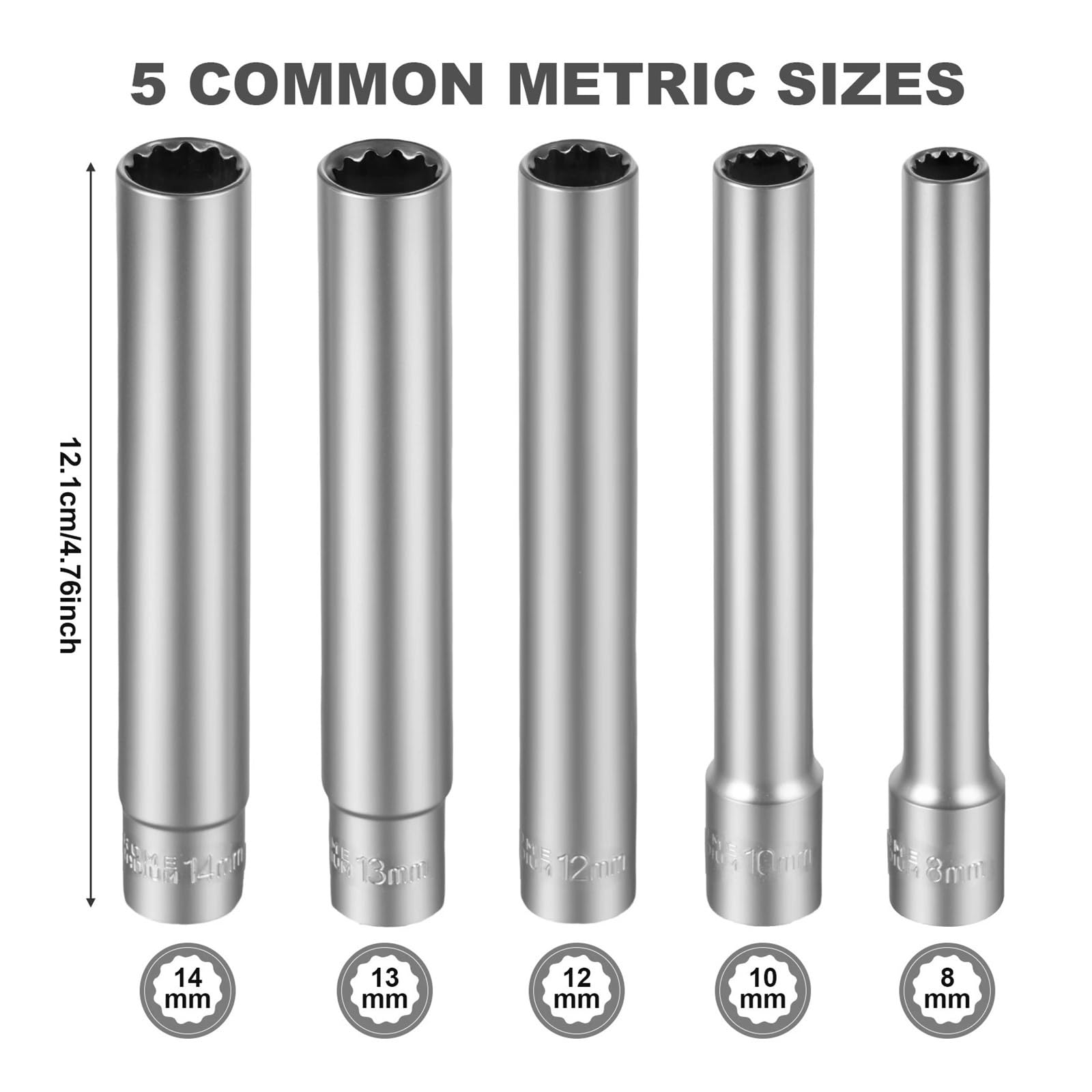 Zestaw nasadek udarowych 3/20.3 cm, głęboka nakrętka CRV z adapterem bitowym z grzechotką do klucza dynamometrycznego - 6-punktowe gniazda metryczne (5 szt. 12 punktów)