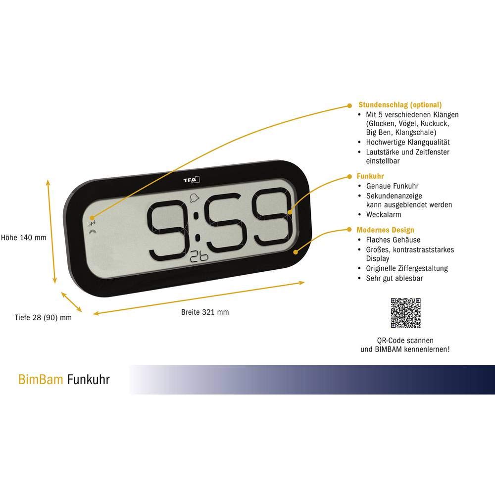 TFA Dostmann Bim Bam radiowy zegar ścienny, tworzywo sztuczne, czarny, dł. 332 x szer. 39 x wys. 178 mm