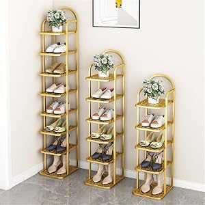 Heavy-Duty Vertical Shoe Rack - Metal Shoe Storage Organizer, Space Saving Freestanding Shelf for Entryway and Bedroom, 8 Layers, Gold Finish