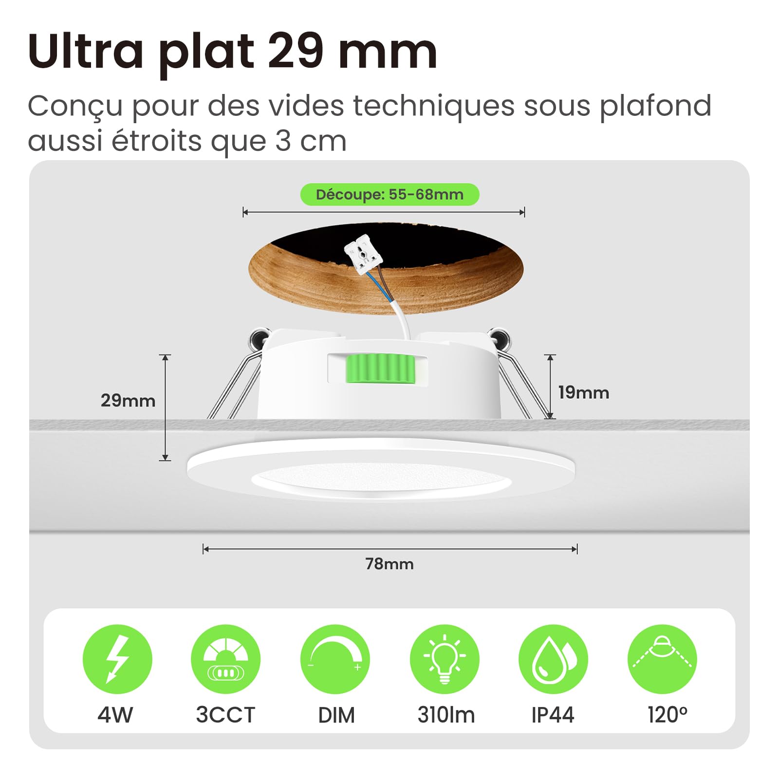 ALUSSO Lot de 12 Spot LED Encastrable,55-68mm Découpe pour Cuisine,Blanc | AC 220-240V,4W 310LM Dimmable,3000K 4000K 6500K Réglable,IP44 étanche Led Spots pour Salle de Bain,Salon