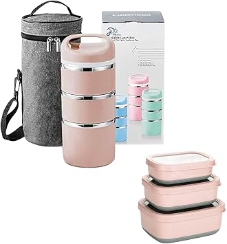 Lille Home Stackable Thermal Lunch Box & 47oz+30oz+16oz Food Containers Set, Stainless Steel Food Containers for Work and Travel