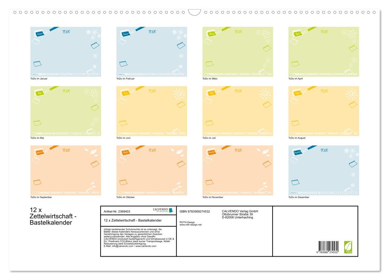 CALVENDO - 12 x Zettelwirtschaft - Bastelkalender (Wandkalender 2027 DIN A2 quer), Monatskalender: Ein Kalender für Ihre Post-Its - eine aufgeräumte "Zettelwirtschaft" für jeden Monat