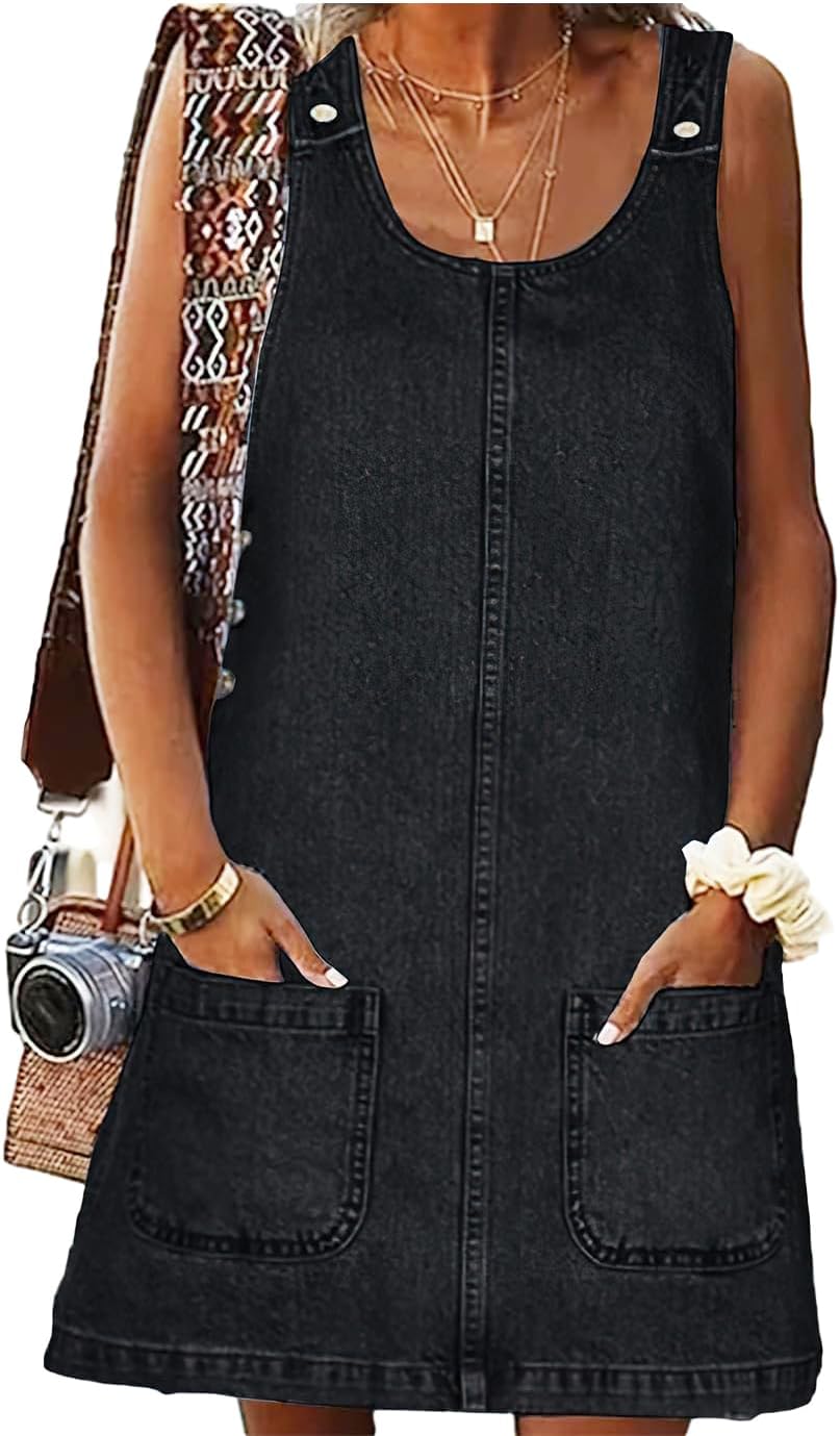 ebossy Women's Vintage Distressed Sleeveless Baggy Loose Denim Mini Dress with Pocket