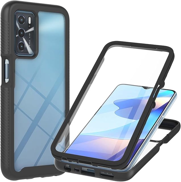 Oppo A16S / A16 / A54S Case Built-in Screen Protector, 360 Full Body Protective Cover Anti-Scratch Shockproof Transparent Clear Silicone Bumper Slim Phone Case for Oppo A16S / A16 / A54S, Black