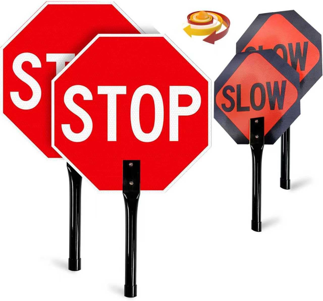 2 Pack Stop Slow Sign, 18” x 18” Handheld Stop Sign, Aluminum Crossing Guard Signs with Handle, Double Sided Reflective Signs, Waterproof, Weather Resistant(Red-Stop&Slow, 18 * 18IN)