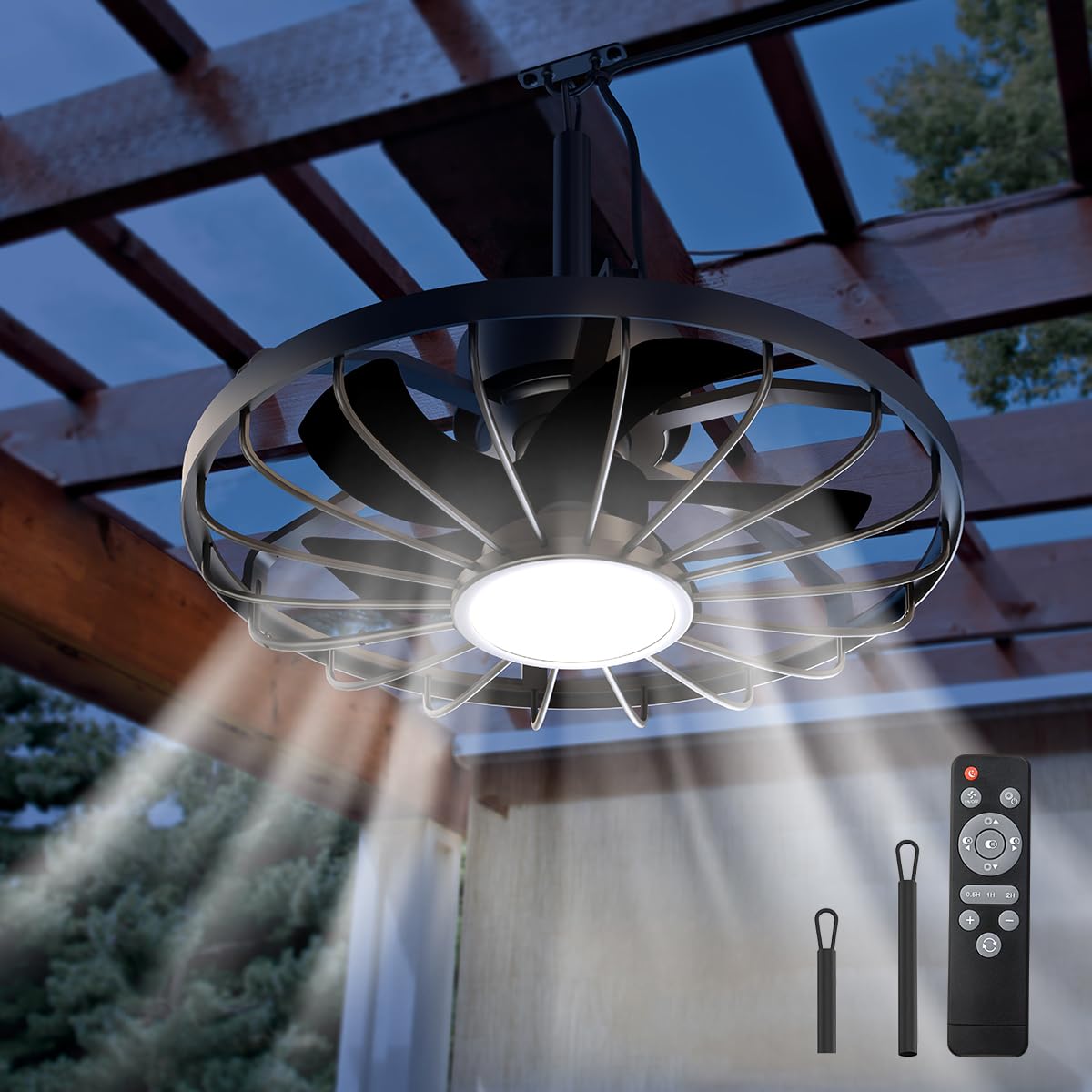 Deckenventilatorleuchte für den Außenbereich, Außenlicht mit Ventilator, IP44 Wasserdicht, 6 Lüftungsgeschwindigkeiten, mühelose Lichtdimmung, für Terrassen, Pergolen, Wohnzimmer, Esszimmer