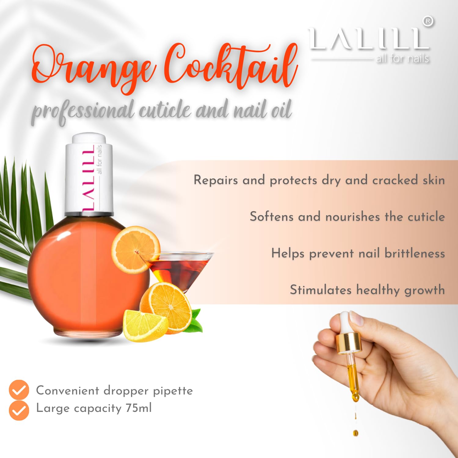 LALILL Olejek do skórek do paznokci 75 ml – pomarańczowy koktajl olejek do pielęgnacji paznokci – olejek do pielęgnacji paznokci – SPA manicure Nail Design ręce – wegański – z pipetą